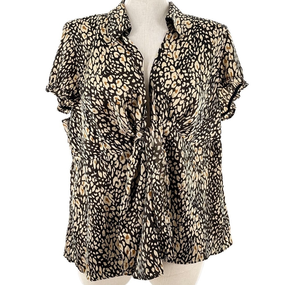 Lane Bryant womens top size 22-24 brown leopard print knotted neck career